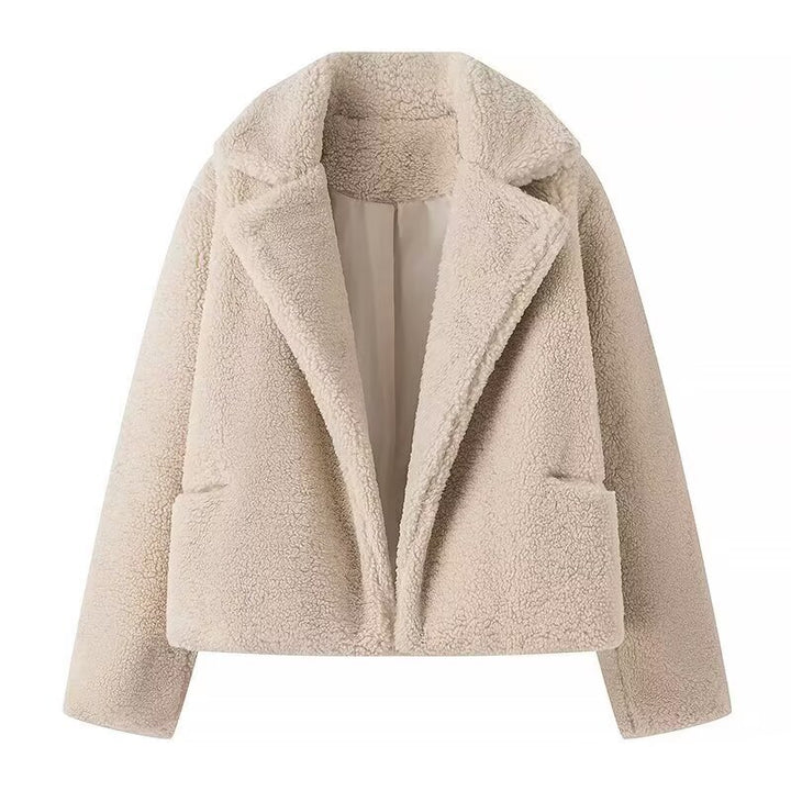 Damer Koselig Fleece Jakke med Elegante Klaffer og Praktiske Lommer Skjora