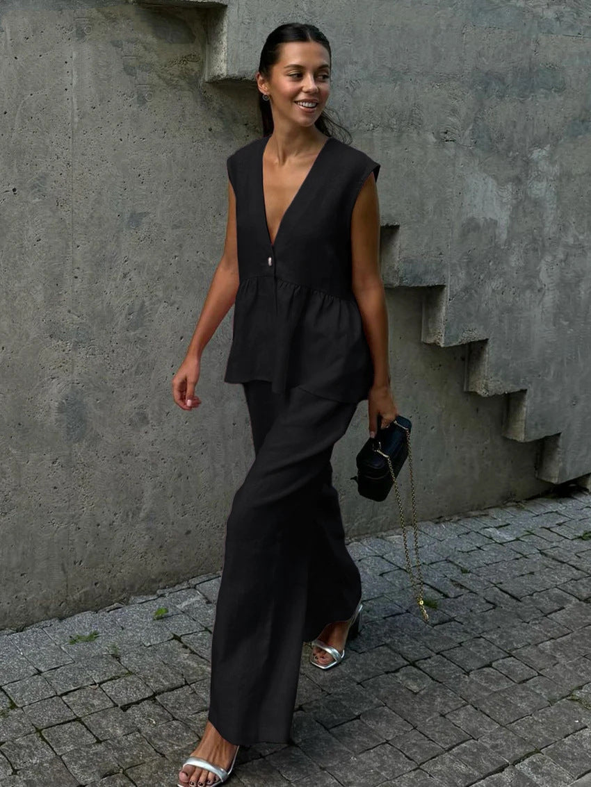 Dame luftig Jumpsuit med V-hals og flytende snitt Skjora