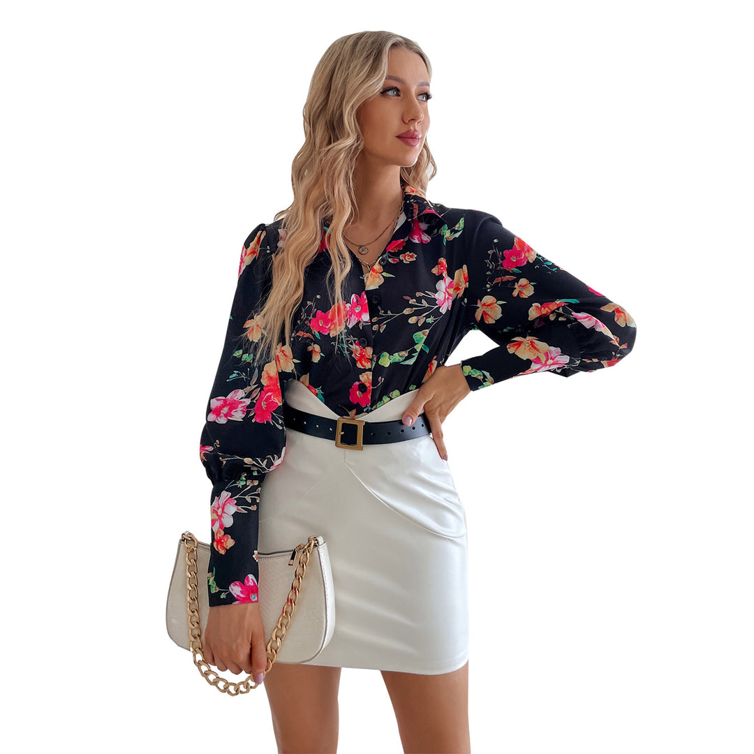 Dame elegant Bluse med florale mønstre og puffarmer Skjora