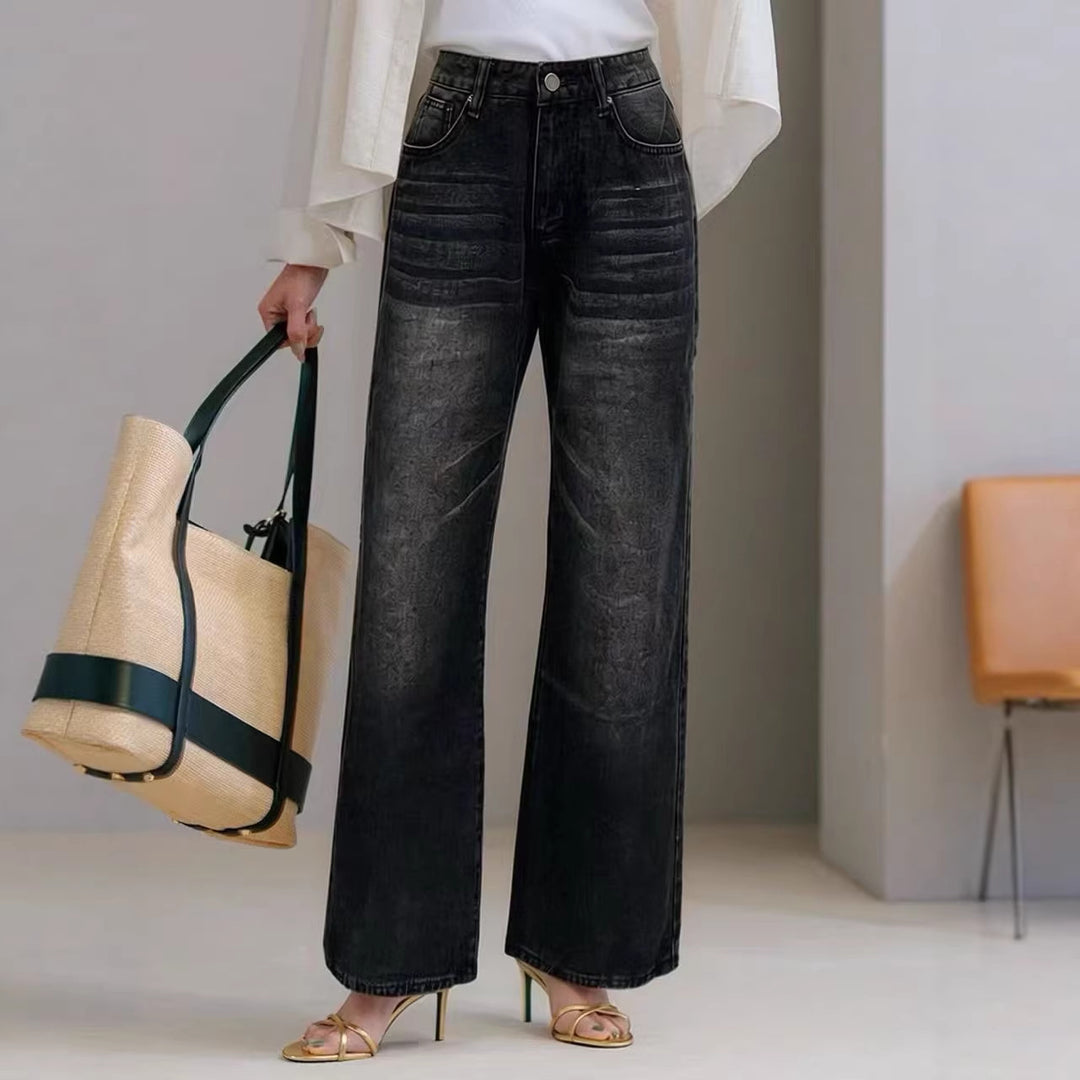 Dame brede høy midje jeans med unik tekstur Skjora