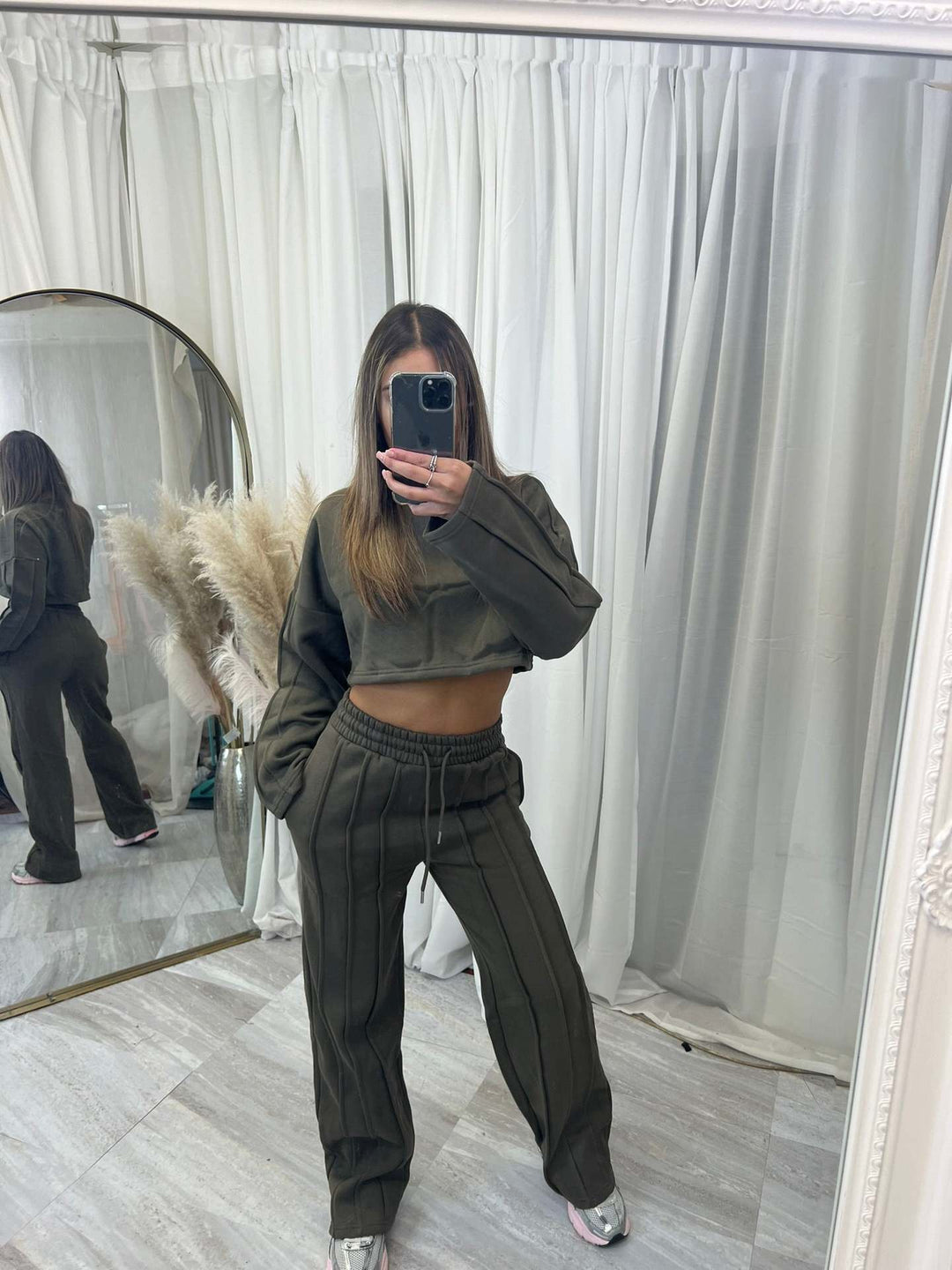 Dame Casual Crop Hoodie og Vid Joggebukse Sett Skjora