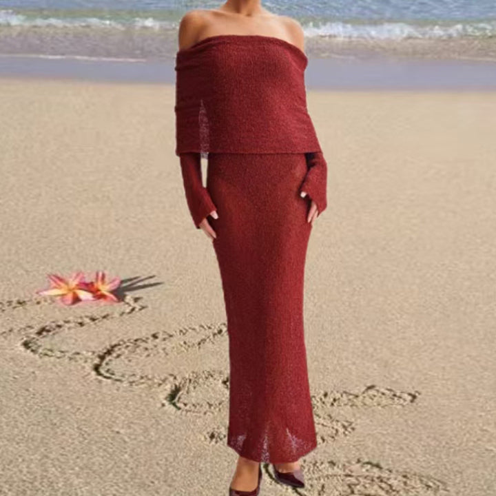 Damen Off-Shoulder Maxikleid mit langem Arm und elegantem Stoff Skjora