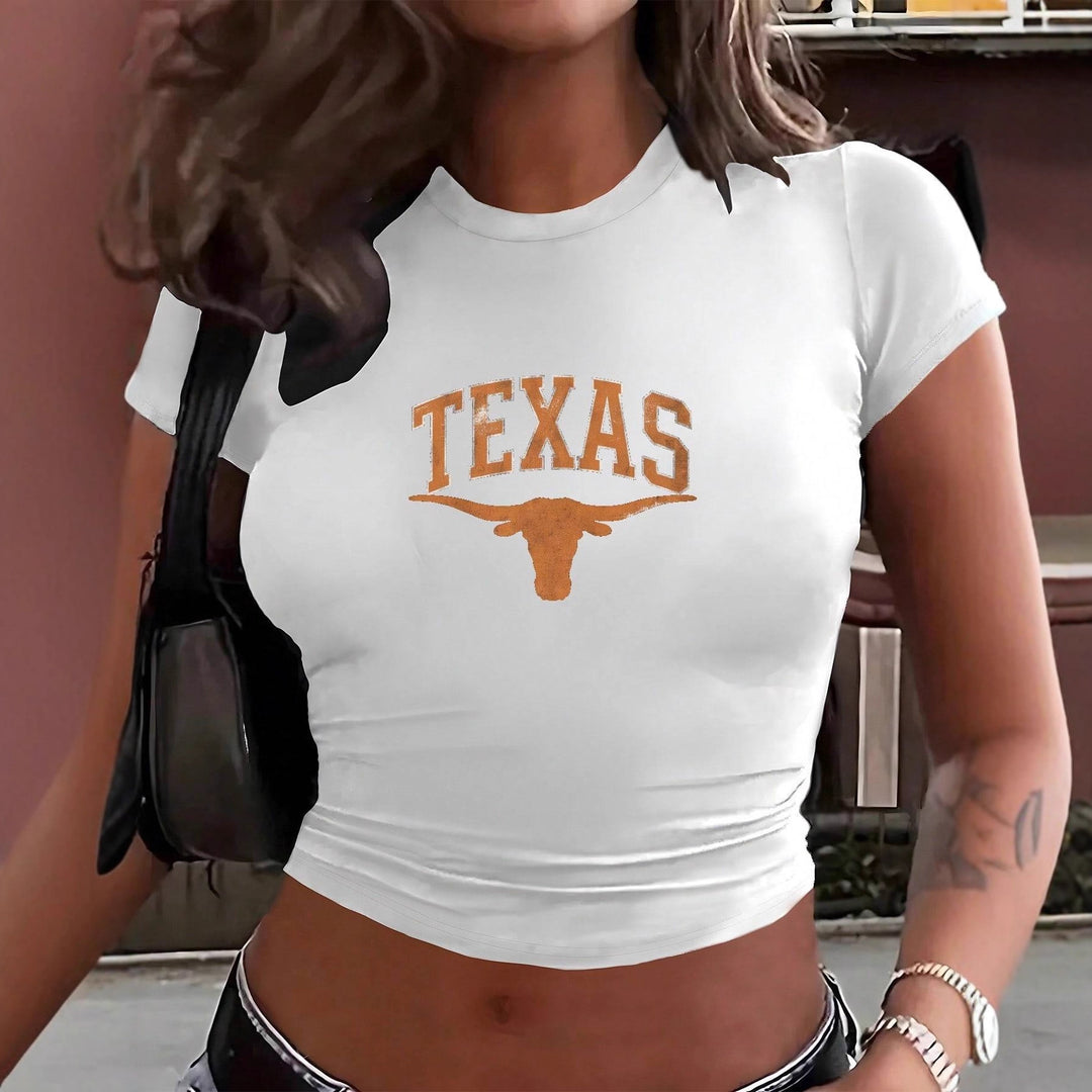 Dame Crop-T-skjorte med kreativt Texas-design og figurnær passform Skjora