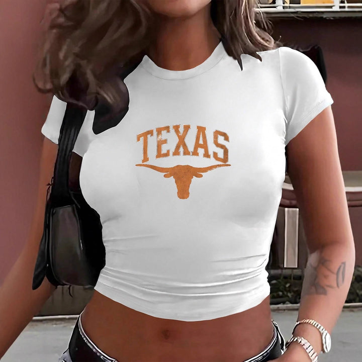Dame Crop-T-skjorte med kreativt Texas-design og figurnær passform Skjora