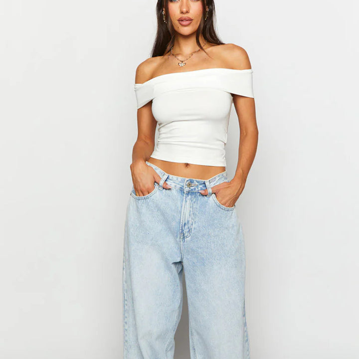 Dame skulderfri crop-top med figurformende snitt Skjora