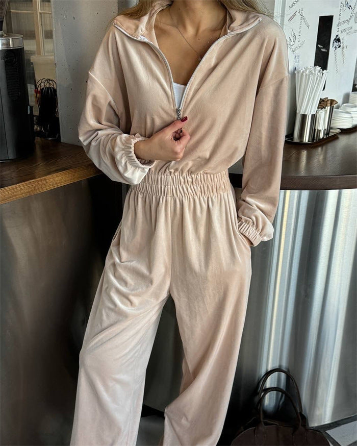 Kvinne Casual Fleece Jumpsuit med Høy Krage og Praktisk Glidelås Skjora