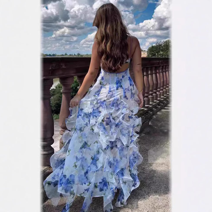 Dames Flytende Chiffon Maxi Kjole med Volangdetaljer og Blomsterakenter Skjora