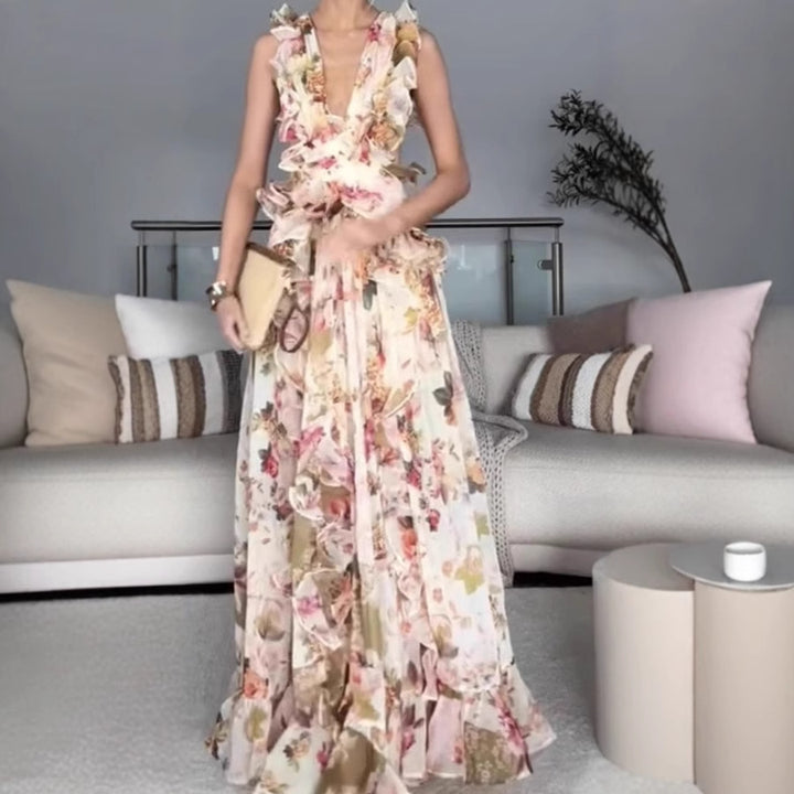 Damer Elegant Maxi Kjole med Blomster Volanger og Dyp V-hals