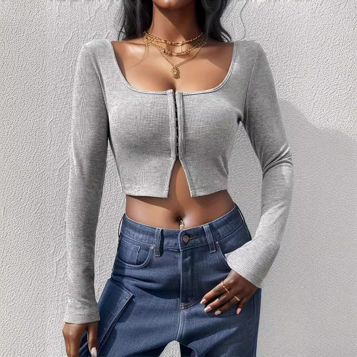 Dame Cropped topp med glidelås og lang arm Skjora