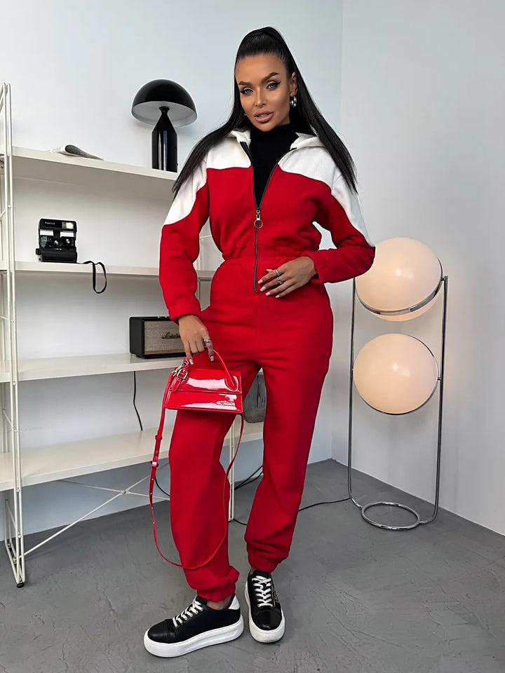 Kvinnes Casual Fleece Overall med Elegant Glidelås og Hette Skjora