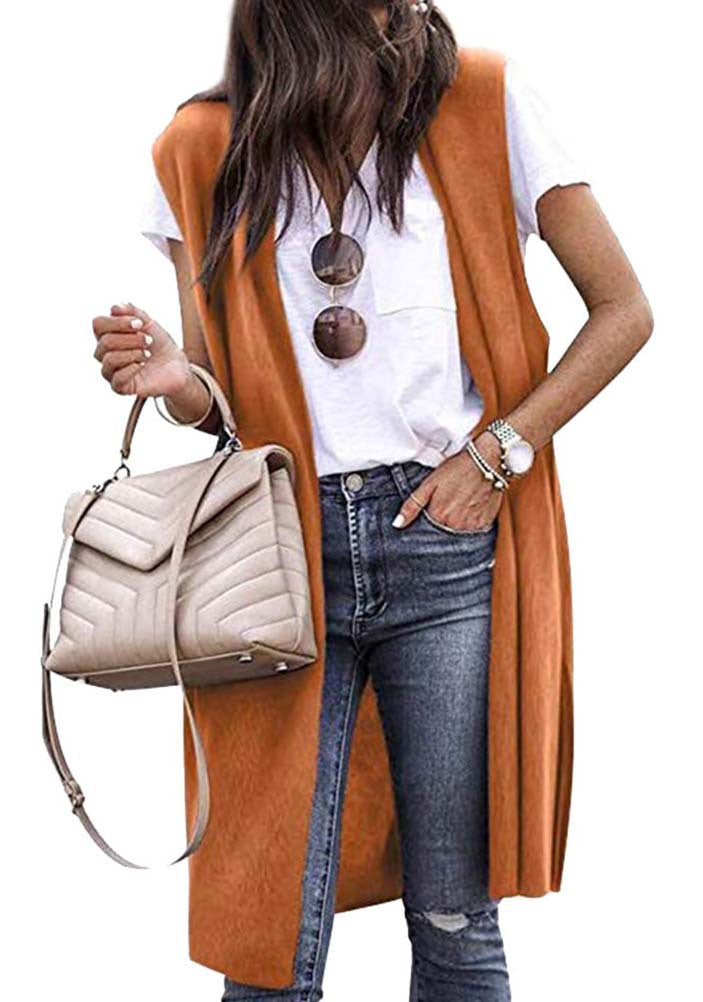 Dames Elegant Lang Strikket Vest i Uformell Stil