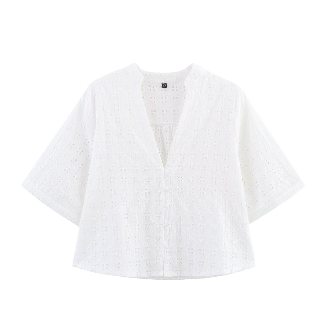 Dame luftig sett med broderie anglaise og vid skjorte Skjora