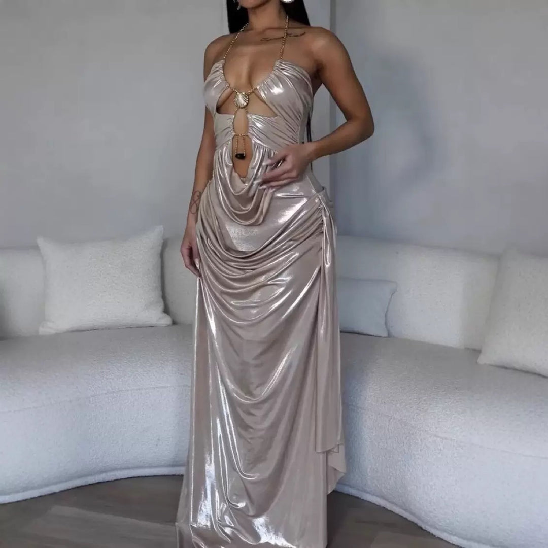 Kvinne Glamorous Maxi Kjole med Dyp V-Hals og Elegant Drapering