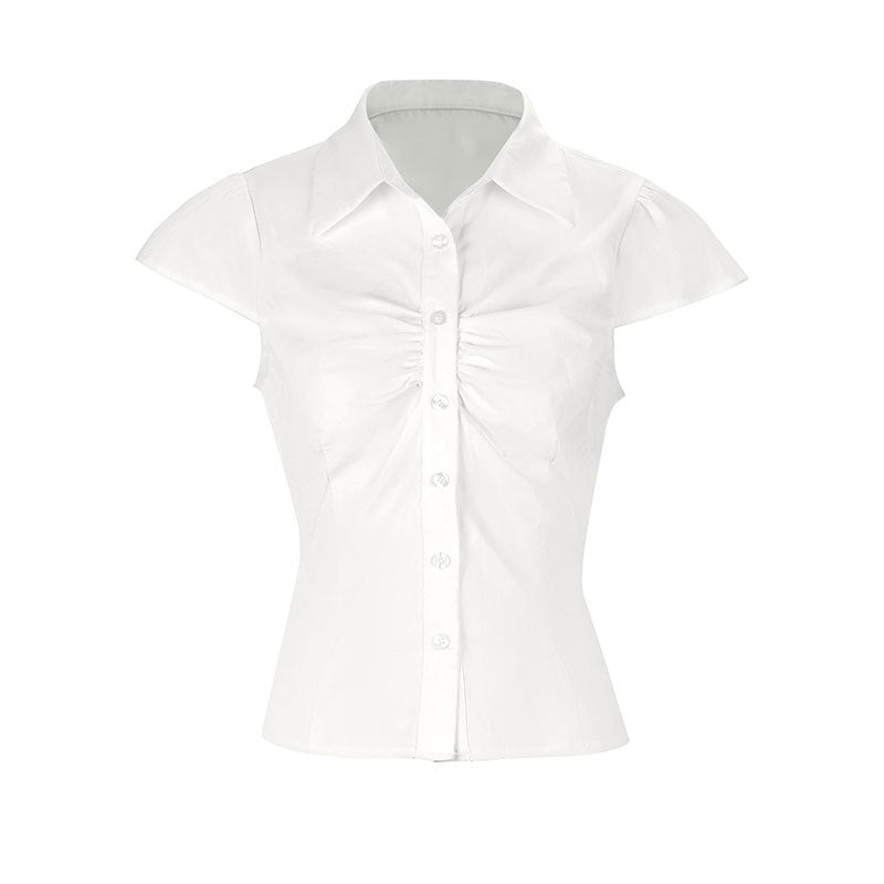 Dame elegant bluse med rynker og stilig krage Skjora