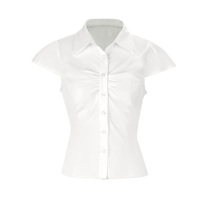 Dame elegant bluse med rynker og stilig krage Skjora