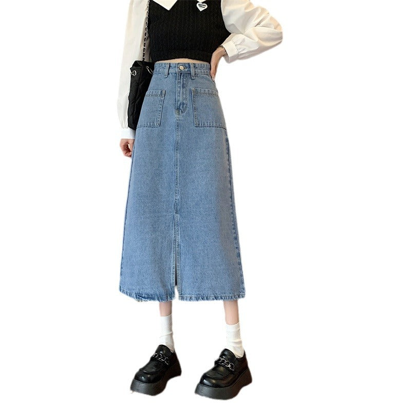 Kvinne Lang Denim Skjørt med Praktiske Lommer Skjora