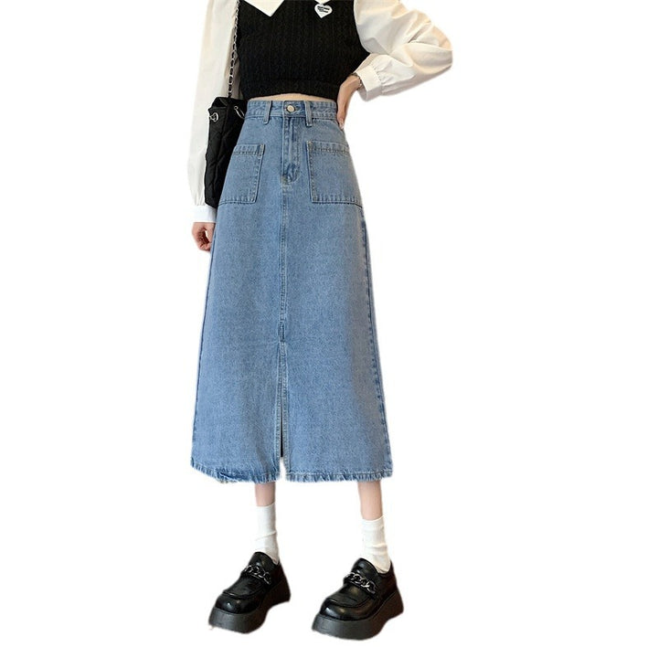 Kvinne Lang Denim Skjørt med Praktiske Lommer Skjora