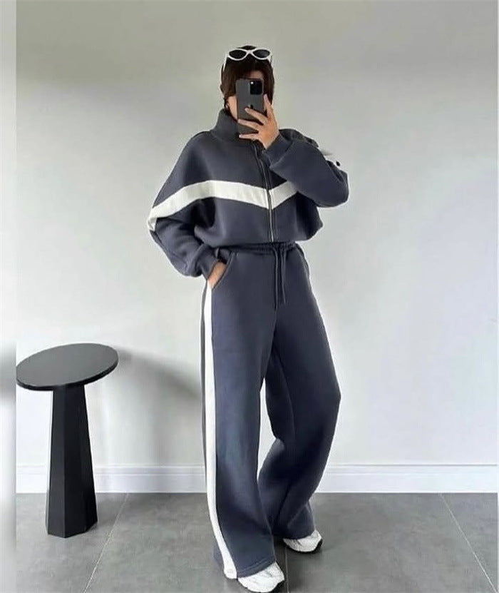 Dame sporty fleece-set med høy krage og側strefor