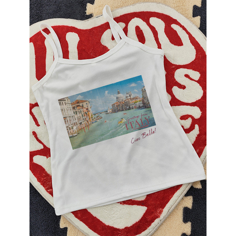 Dame camisole med kreativt trykk og justerbare stropper Skjora