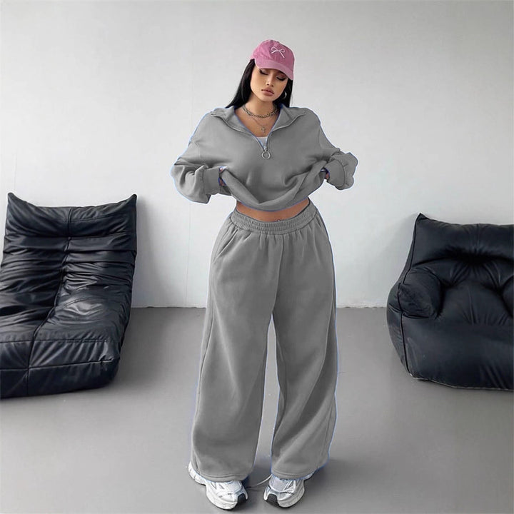 Damer sporty fleece loungewear sett med høy krage og løs passform Skjora
