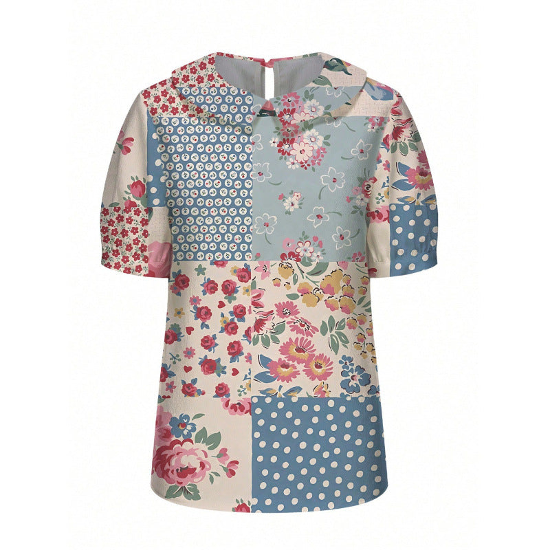 Dame kortermet bluse med florale accenter og klassisk krage Skjora