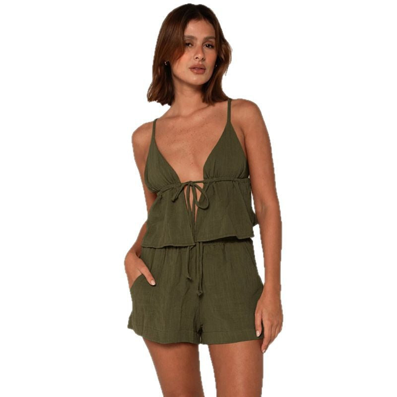 Dame elegant halter-top med fremragende rynkning og korte shorts Skjora
