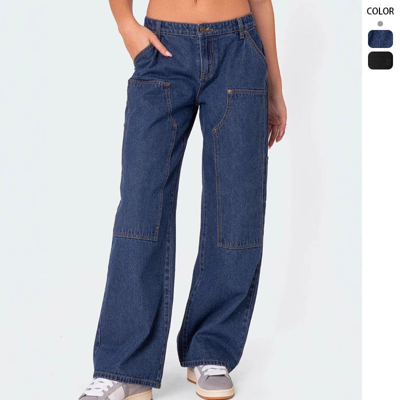 Kvindernes brede snit utility jeans med praktiske lommer og høj talje