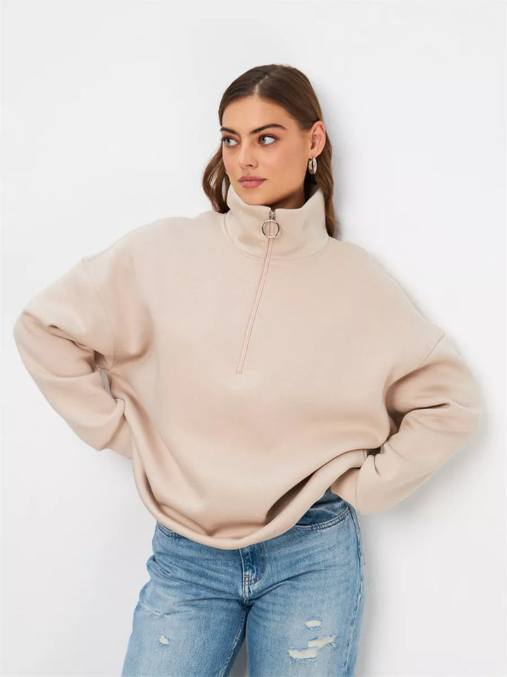 Dame Oversized Hoodie med Høy Krage og Glidelås Skjora