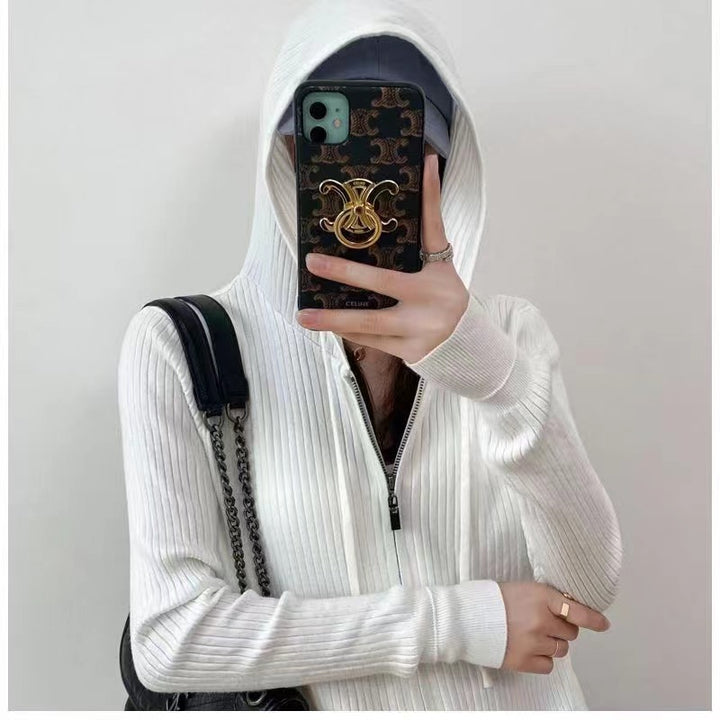 Dame cardigan med hette og fin ribbestruktur Skjora