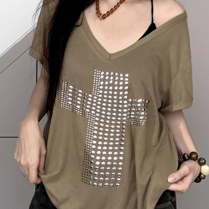 Dame stilren oversized T-skjorte med korsprint og glitrende detaljer Skjora