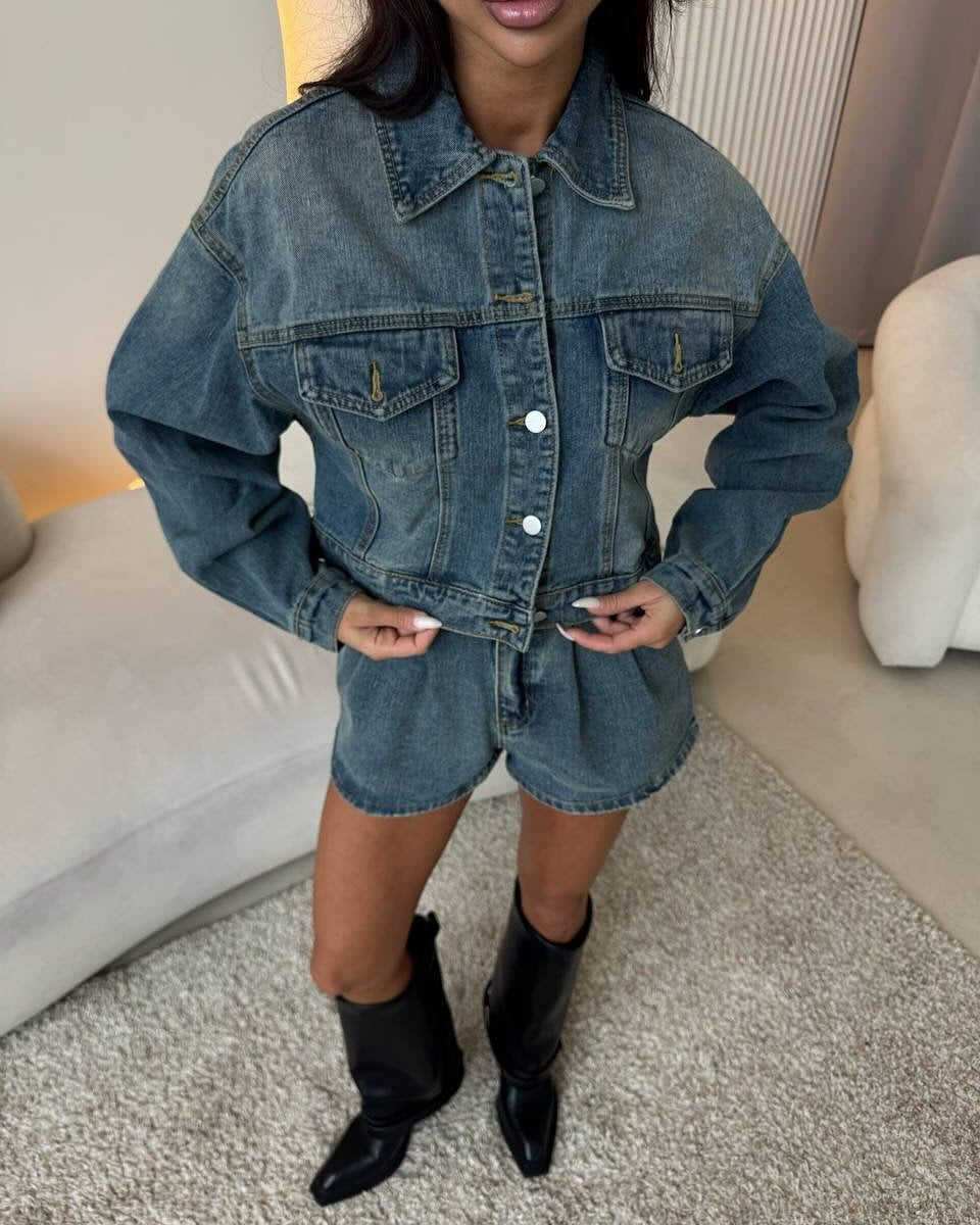 Dame Denim Jakke med Korte Ermer og Matchende Shorts Skjora