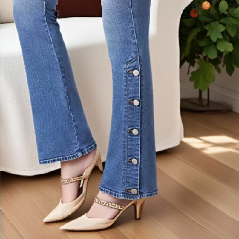 Dame Bootcut Jeans med dekorative knappedetaljer Skjora