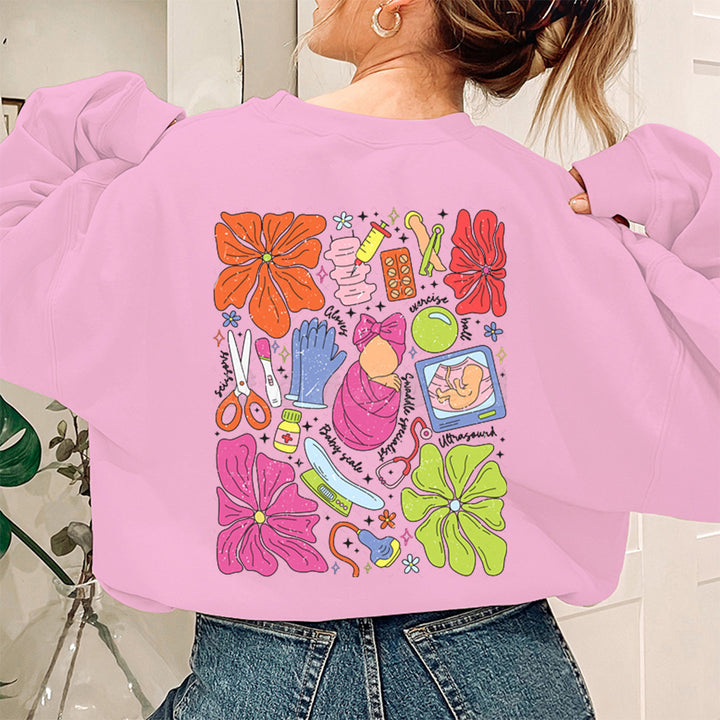 Dame sweatshirt med fargerik grafisk design og originalt pleiemotiv Skjora