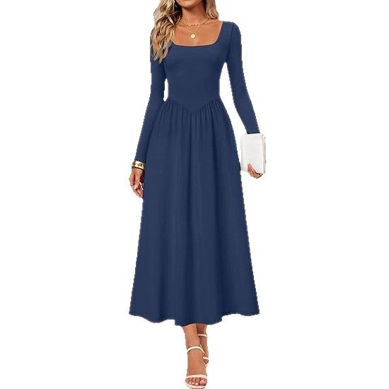 Women's elegant midi dress with square neckline and long sleeves Skjora