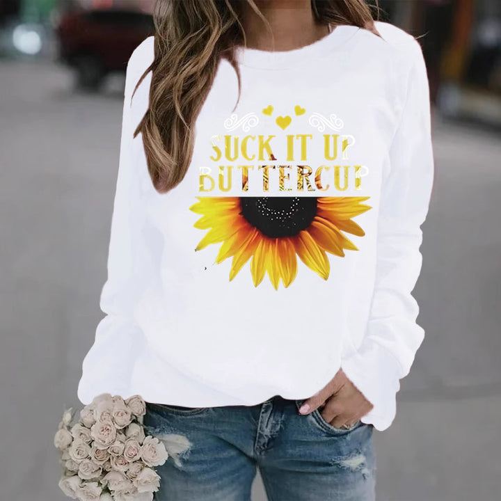 Dame sweatshirt med kreativ solfleurtrykk og motiverende sitat Skjora