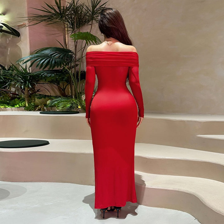 Dame Off-Shoulder Kveldsdrakt med drapert Stoff og transparente Ermer Skjora