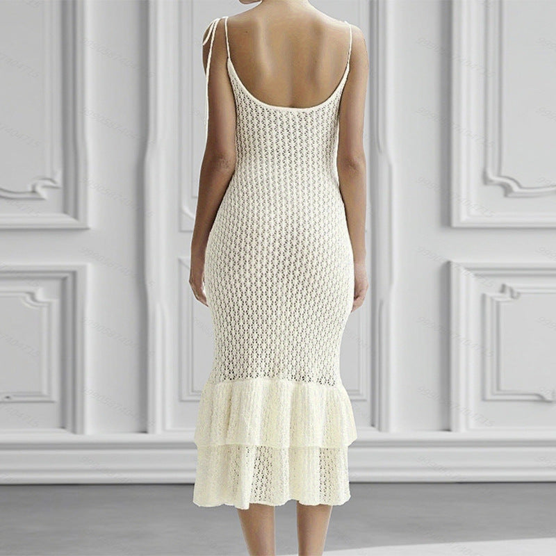Damen Häkel-Maxikleid mit Volant und verstellbaren Trägern Skjora