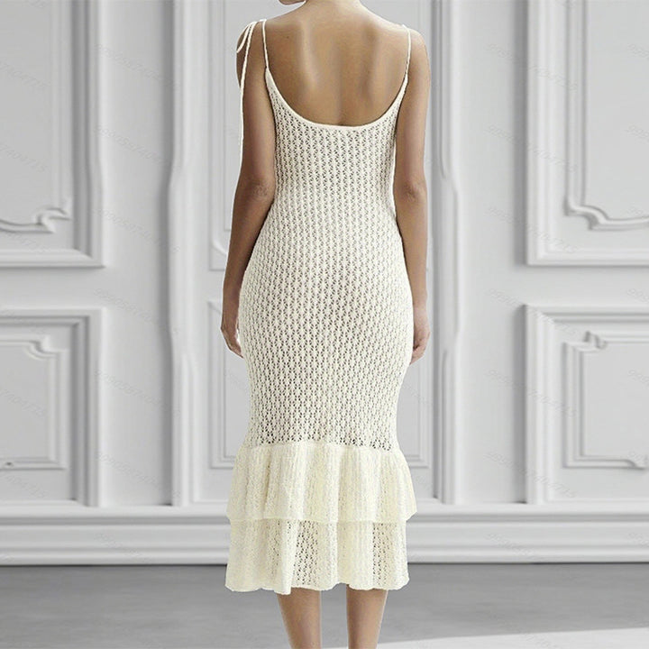 Damen Häkel-Maxikleid mit Volant und verstellbaren Trägern Skjora