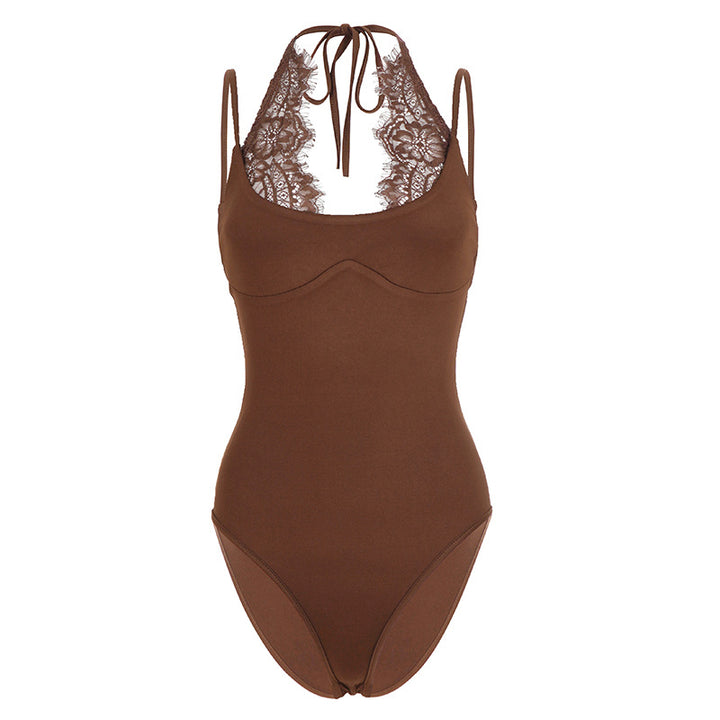 Dame badedrakt med elegant blonderdetalj og halterneck-design Skjora