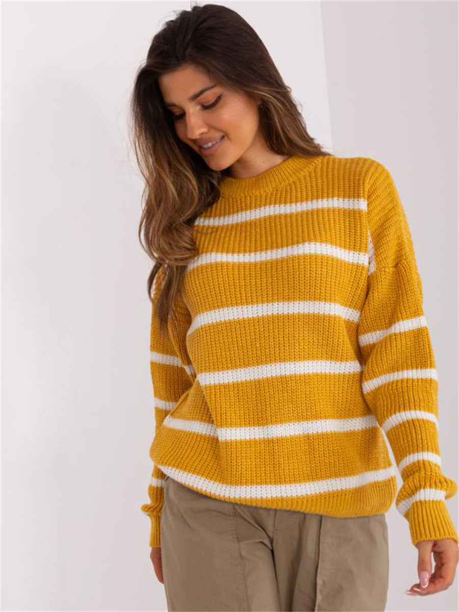 Kvinnes chunky strikkegenser med uformelt stripemønster og rund hals Skjora