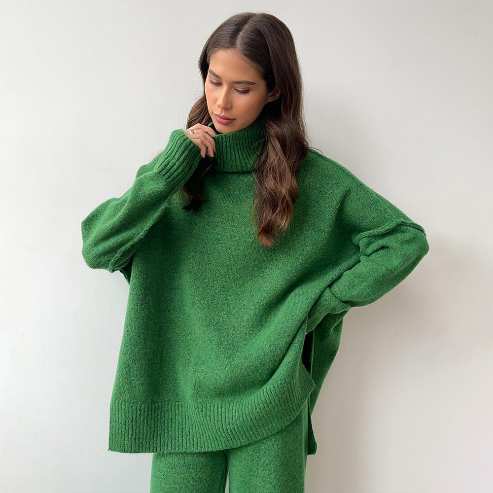Dame Elegant Strikk Ensemble med Høy Krage og Løs Passform Skjora