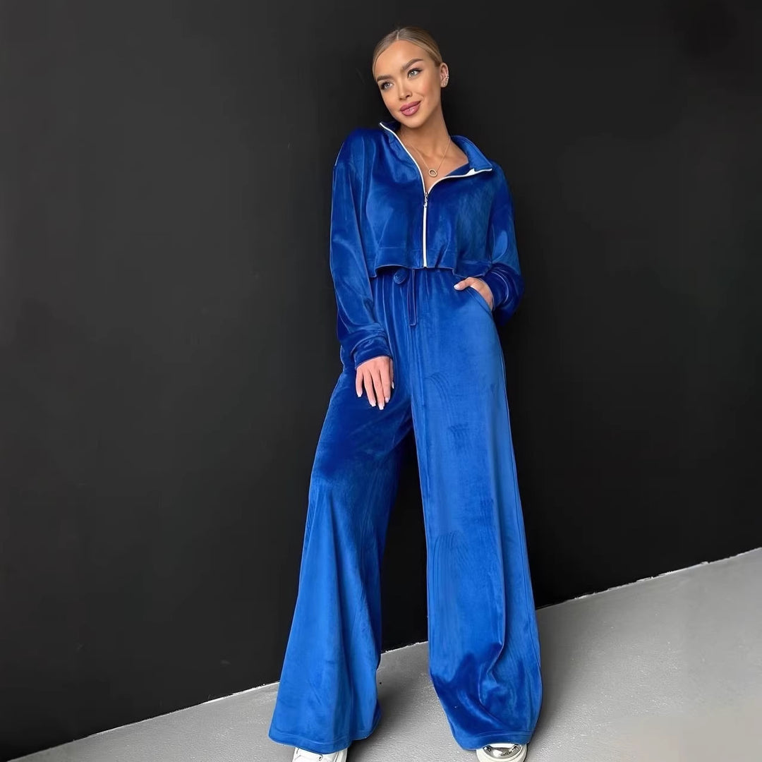 Kvinnelig sporty cropped sweatshirt og komfortable palazzo bukser sett Skjora