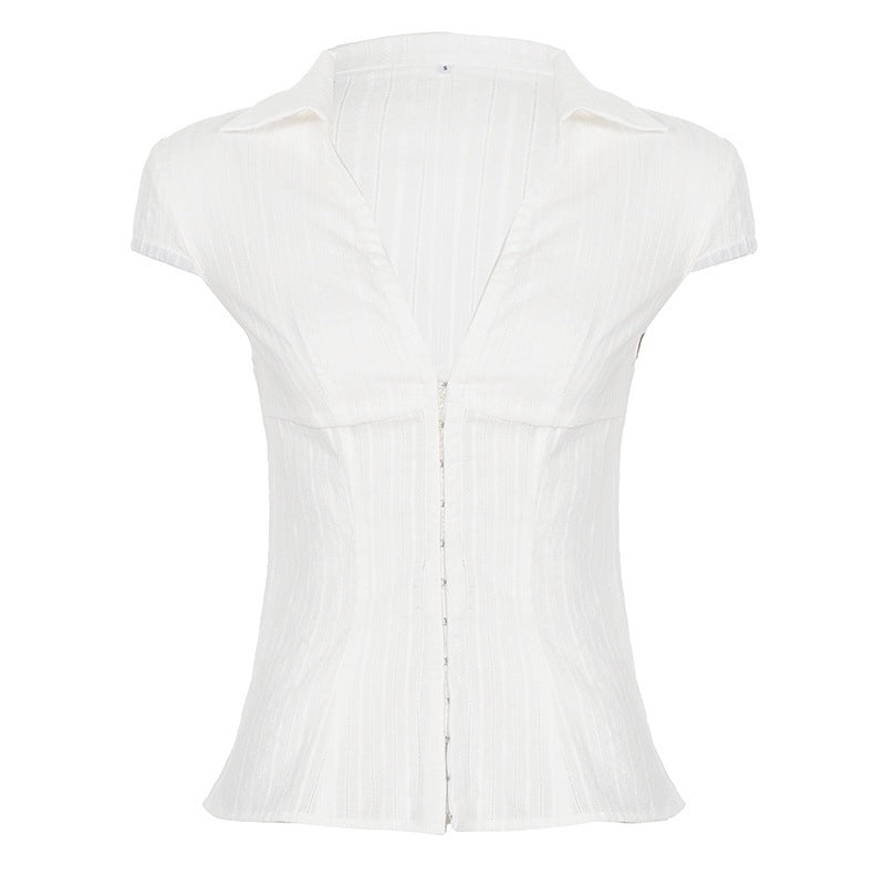 Dame Elegant kortermet bluse skjorte med stilig ståkrage og glidelås Skjorta