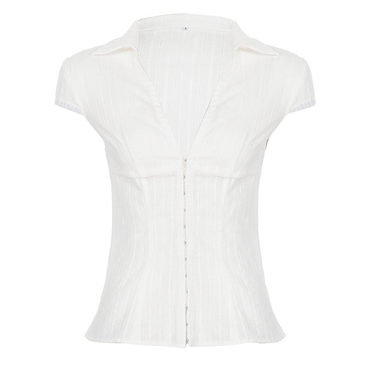 Dame Elegant kortermet bluse skjorte med stilig ståkrage og glidelås Skjorta
