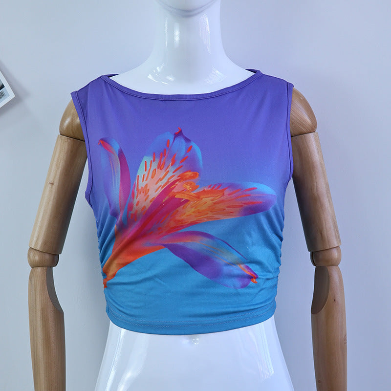 Dame ermeløs Crop-Top med blomstermotiv og tettsittende snitt Skjora