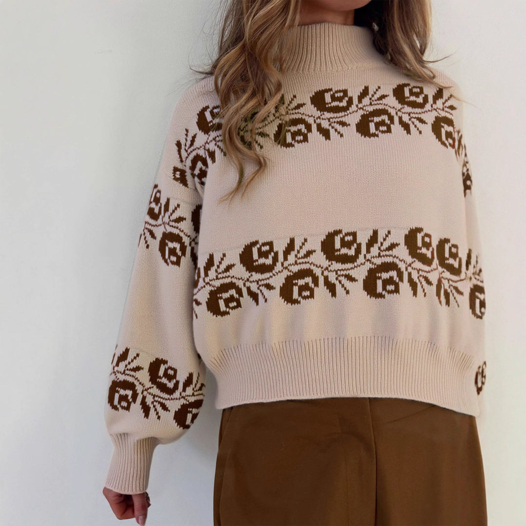 Kvinnens strikkegenser med blomster jacquard mønster og høy krage Skjora