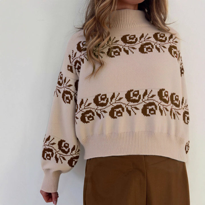 Kvinnens strikkegenser med blomster jacquard mønster og høy krage Skjora