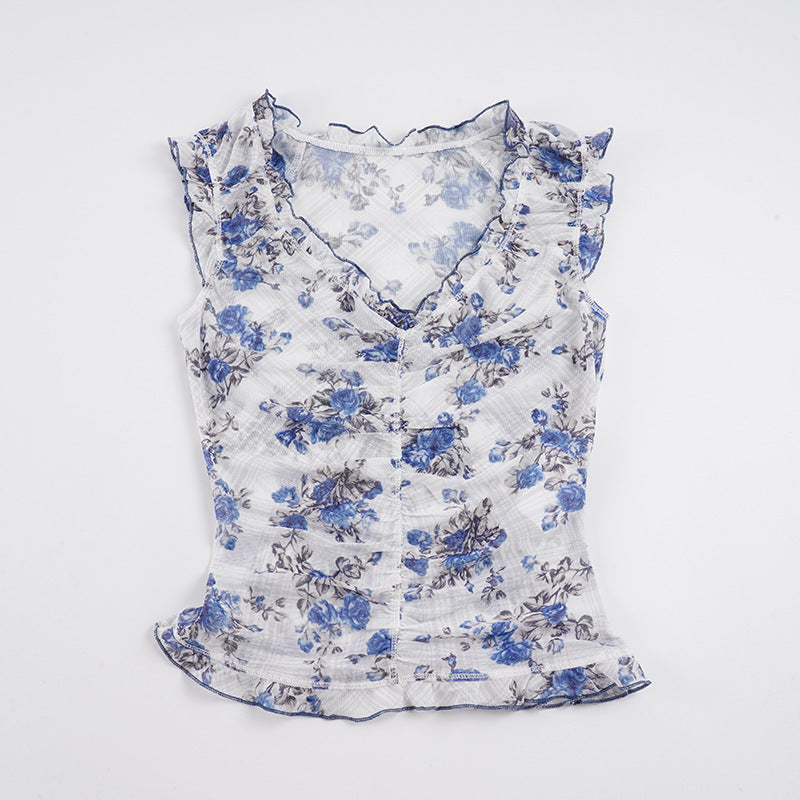 Dame bluse topp med volangdetaljer og blomster mønster Skjora
