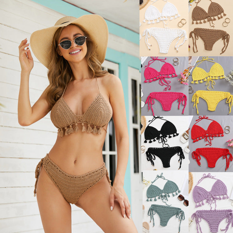 Damen Häkel-Bikini-Set mit fransigen Akzenten und verstellbaren Trägern Skjora