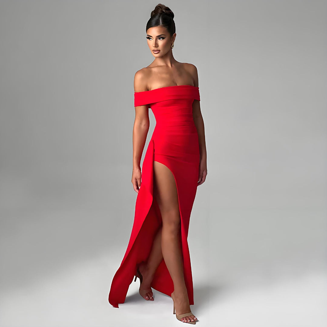Dame Off-Shoulder Maxikjole med elegant splitt og figursøm Skjora